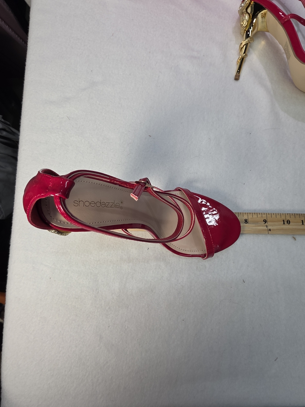 Shoe Dazzle Red Patent Strappy High Heel Sandals Gold Snake Shaped Stiletto NEW - Picture 13 of 14